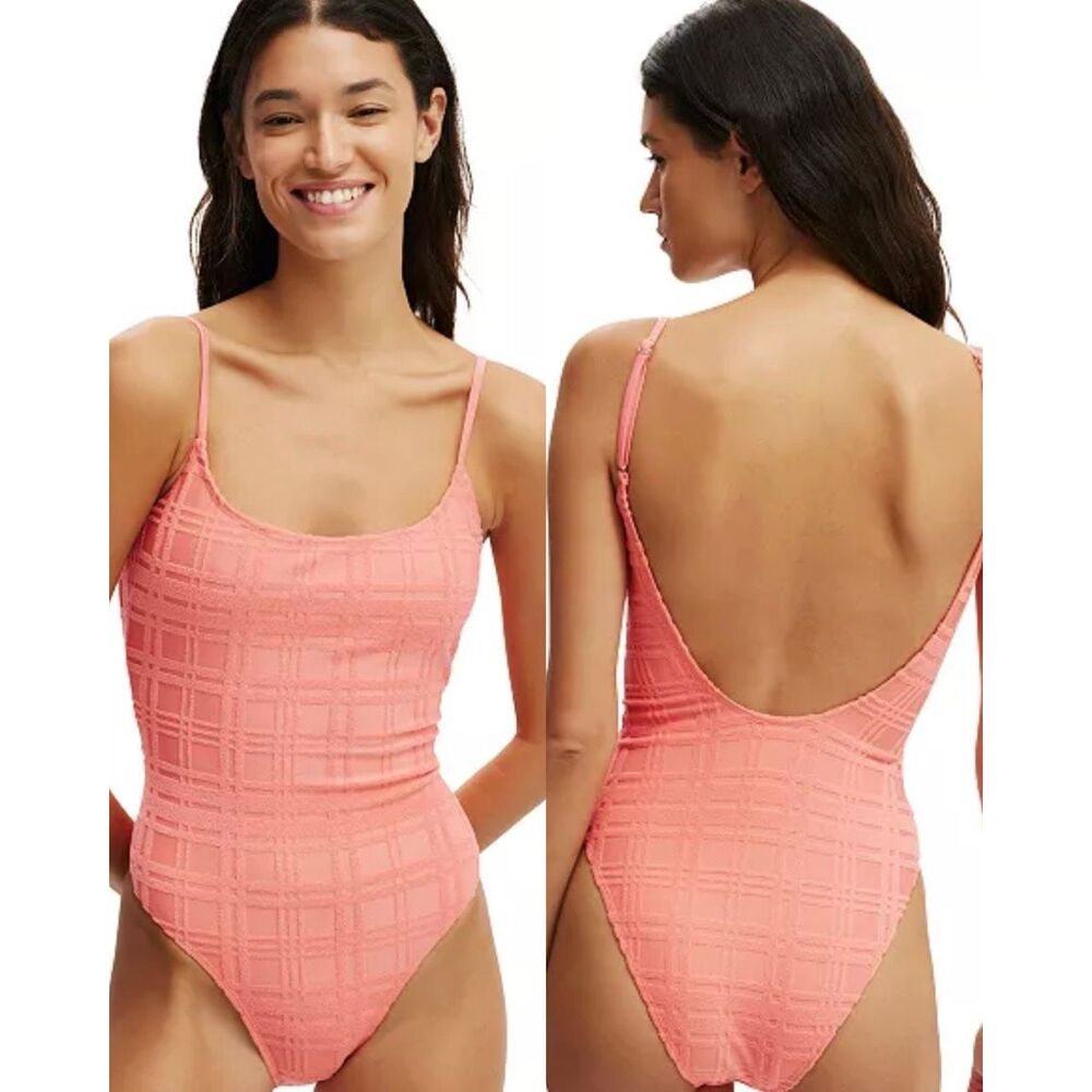 #991. Cotton On Shell Pink Terry Jacquard Thin-Strap Low-Scoop  Swimsuit